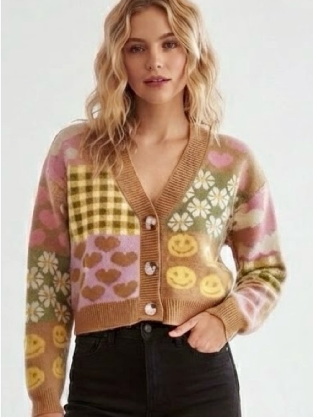 debut Patchwork Motif Cardigan Sweater - Pink, Brown, Yellow, Green, Cream
